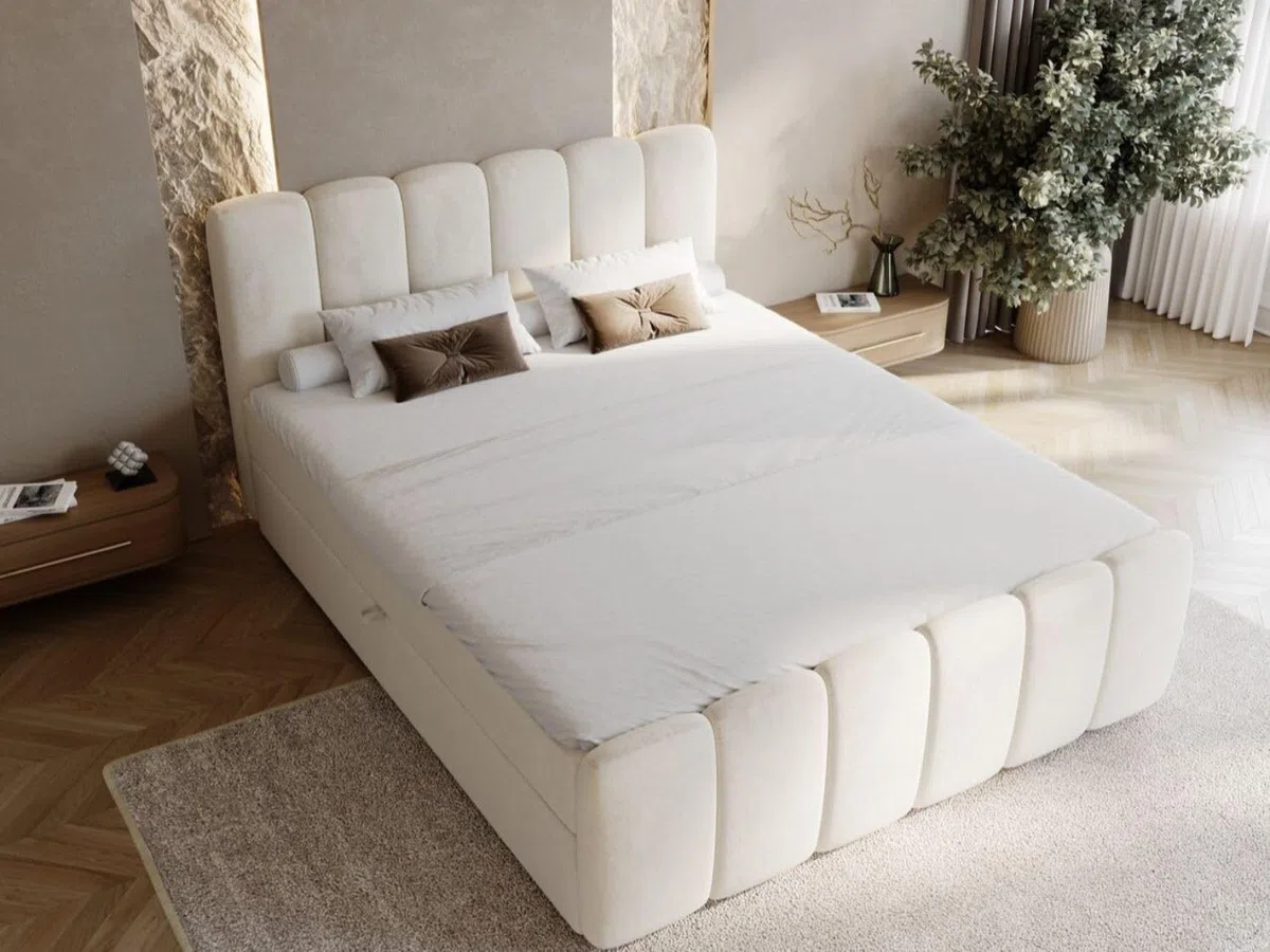 GRAINGOLD Cloud Bett 180x200, Boxspringbett mit Bettkasten, Polsterbett mit Bonell-Matratze, Samt Stoff, mit Topper, mit Kopfteil (Beige, 180x200)