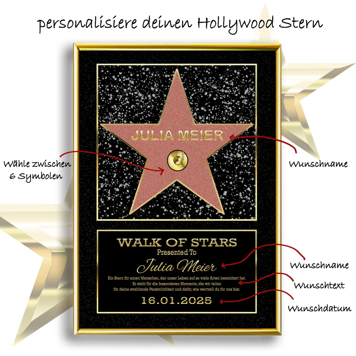 DUOMIO HOLLYWOOD Walk of Fame Stern, personalisierte Urkunde optional mit Rahmen | 3 Größen, Design, Thema, Text, Hintergrundfarbe frei-wählbar| Premium-Papier-Druck| Geschenke Mann/Frau