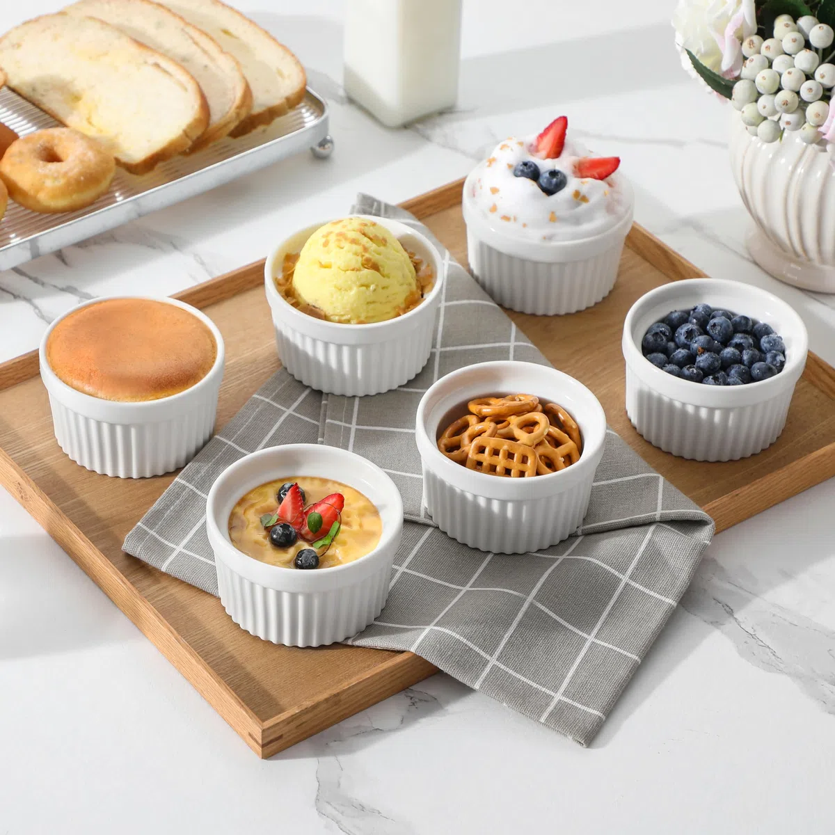 MALACASA, Serie Ramekin, Creme Brulee Schälchen 6er Set, 200ml Souffle Förmchen zum Backen, Souffleeförmchen Backofenfest, Ofenfeste Creme Brulee Schalen, Mini Auflaufform 9,4x5,1cm Weiß