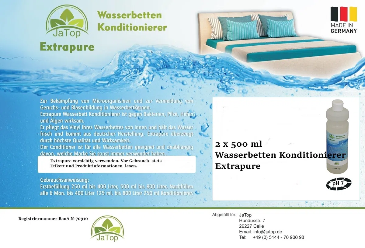 JaTop Wasserbett Conditionierer [2 x 500ml] - Für alle Wasserbetten geeignet - purer Wasserbetten Conditioner - inklusive Bubble Stop, Flüßig - Made in Germany (1Liter (2 Flaschen a 500ml))