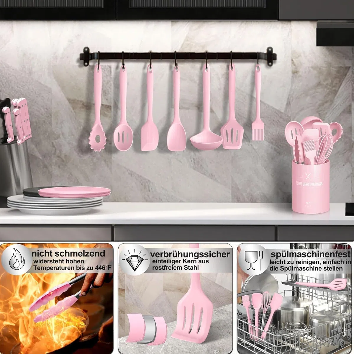 12 Stück Küchenhelfer Set, Silikon Küchenutensilien, Antihaftbeschichtet Kochlöffel Set mit Utensilienhalter, Geeignet Für Kochen (Rosa)