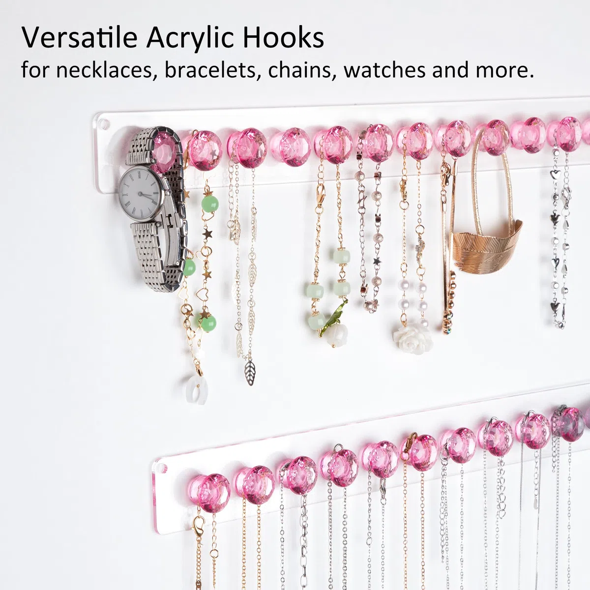 Halsketten-Aufhänger Acryl-Halskettenhalter Wandmontage Schmuck-Organizer mit 12 Diamant Form Haken für Halsketten, Armbänder, Ketten, Ohrringe, 2 Stück (Rosa)