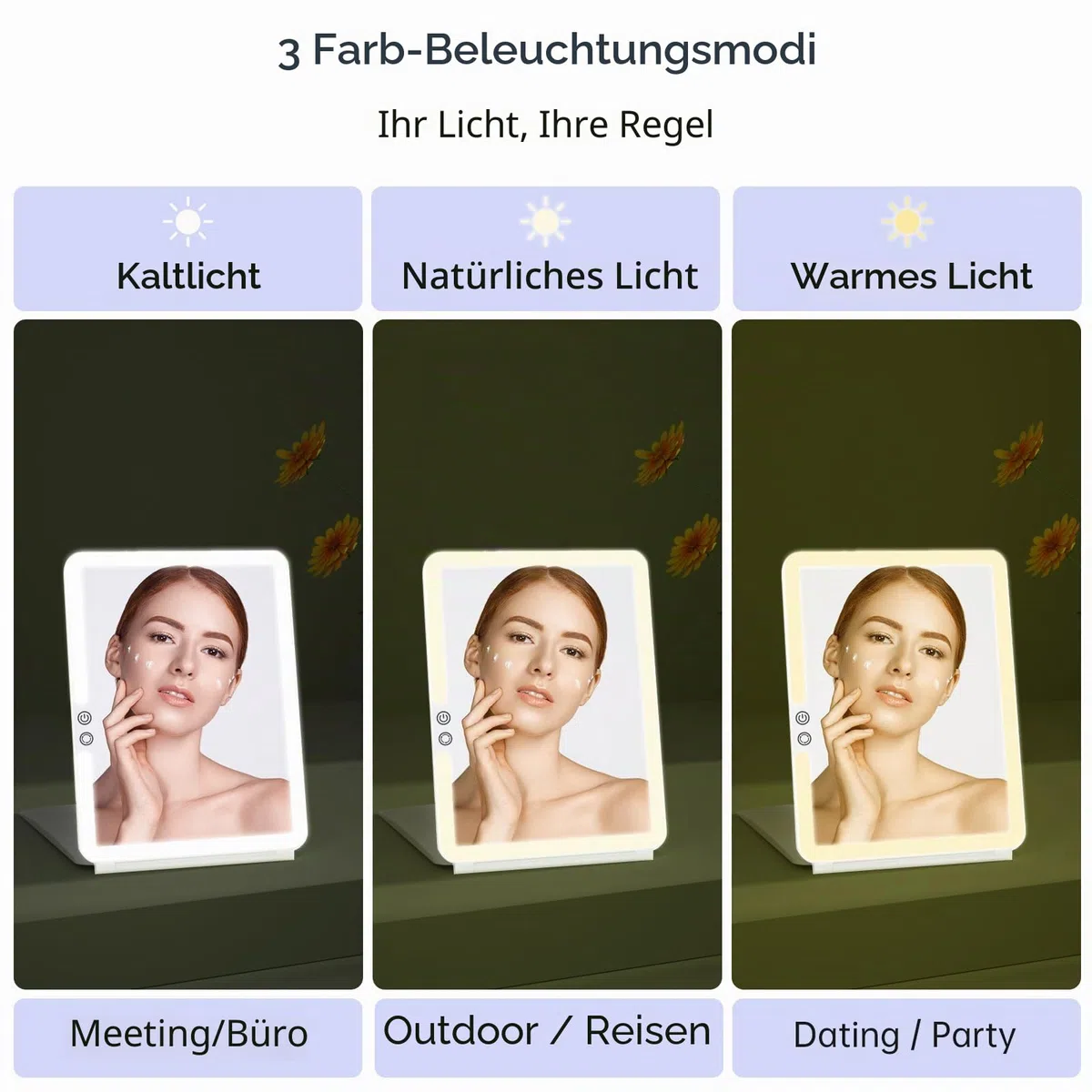FUNTOUCH Kosmetikspiegel mit Beleuchtung, 1X 10X Spiegel Vergrößerung, 2500 mAh USB Aufladbarer Beleuchteter Reisespiegel, 3 Farben Winstellbarer Led Schminkspiegel, Make up Spiegel für Reisen (Weiß)