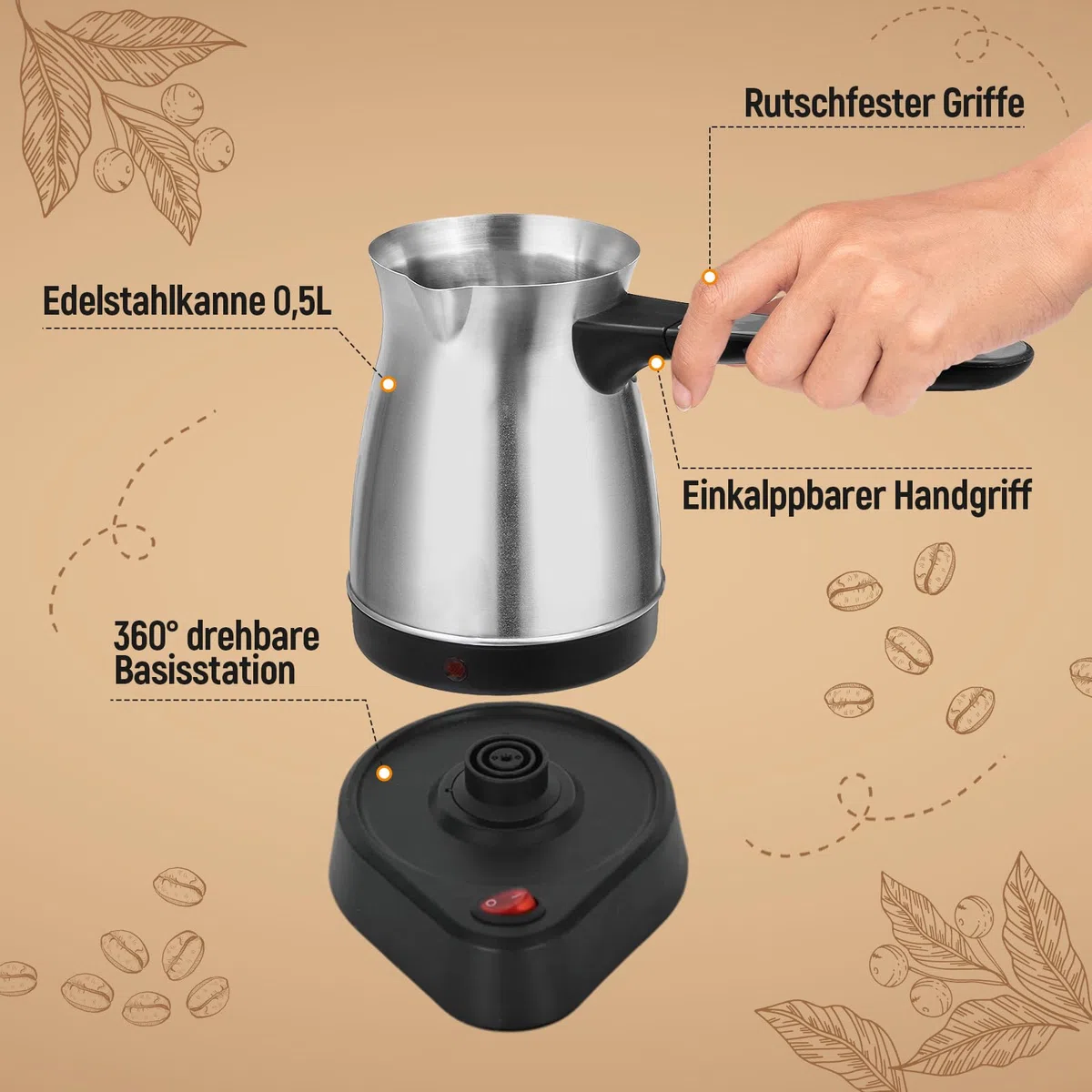 Milageto Espressokocher, 500 ml elektrische türkische Kaffeekanne, Edelstahl-Kaffeekessel, Teekessel mit Henkel, Wasserkocher für Haushalt Café Büro, Rautenmuster Silver