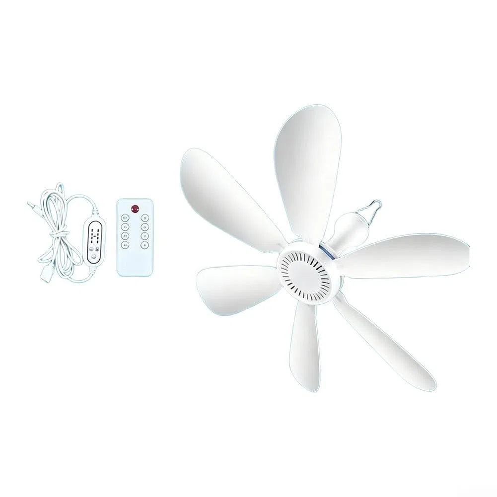 USB-Deckenventilator mit Fernbedienung und 6 Flügeln für Camping, Zelt, Schlafsaal, tragbar, leiser Zirkulator mit einstellbaren Einstellungen, weißes leichtes Design für den Innen- und Außenbereich