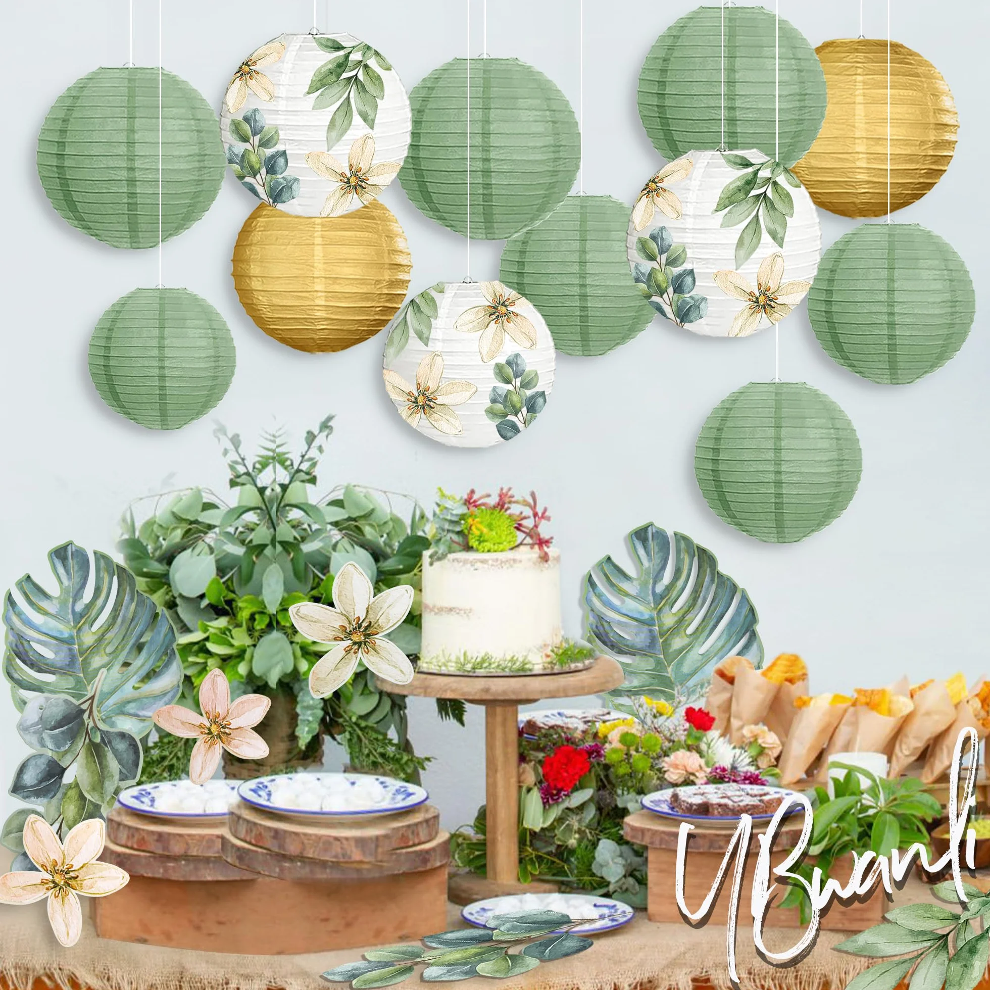 Papier Lampions party deko, 13 Stück Retro Olive Salbei Grün und Blumenlaterne Girlande,für home decoration,Taufe, Kommunion, Konfirmation, Jugendweihe deko