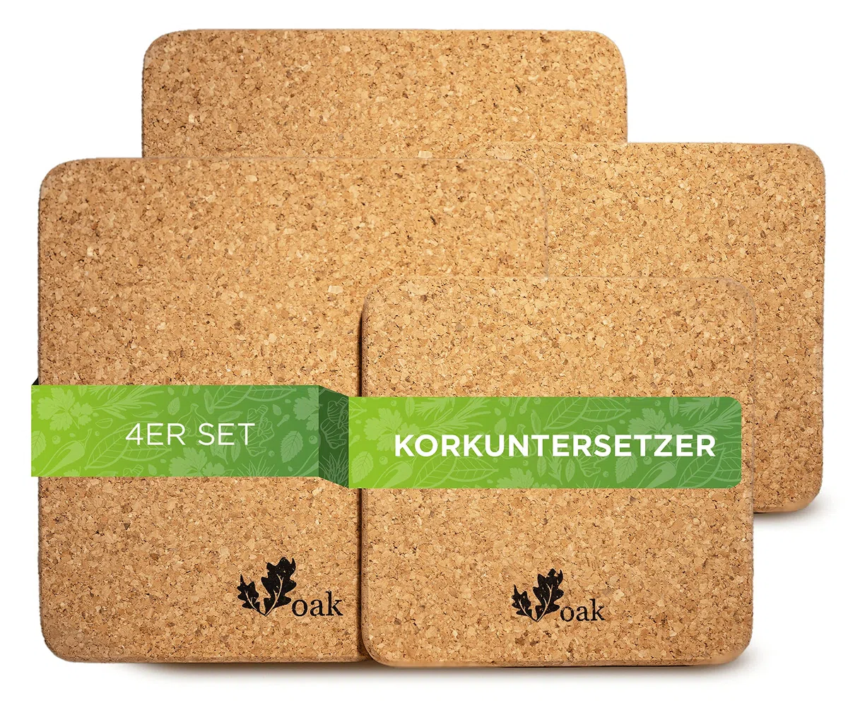 Voak® Topfuntersetzer Korkuntersetzer Set | 4 eckige Kork Untersetzer | 100% Natur Kork Made in Portugal | 20 cm und 15 cm | rutschfeste Unterlage Tischset Abwaschbar Hitzebeständig