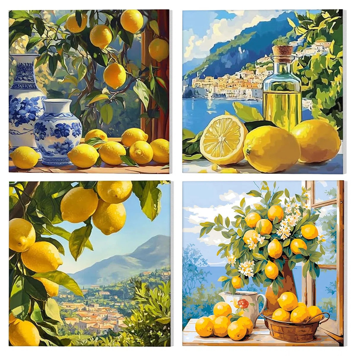NAIMOER 4 Stück Lemon Malen Nach Zahlen mit Rahmen Erwachsene, Landschaft Malen Nach Zahlen auf Leinwand für Kinder, Digitale Gemälde für Home Decor Geschenke 20x20cm