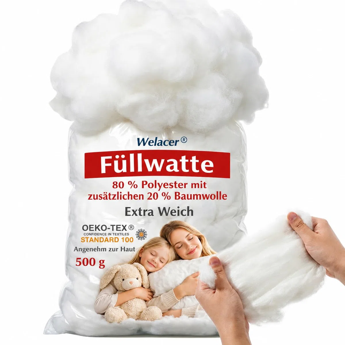 Füllwatte für Kuscheltiere, 500g Extra Weiche Faserfüllung aus Baumwoll-Polyester-Mix, Ideal für Stofftiere, Häkeltiere, Puppen, Kissenfüllung, Bastelarbeiten & DIY-Projekte
