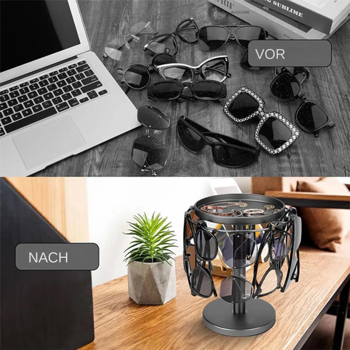 Sonnenbrillen-Organizer aus Metall, 360° Drehbarer Brillenhalter-Ständer, Brillen-Präsentationsständer mit Ablage für bis zu 12 Brillen, für Tisch, Nachttisch, Schreibtisch, Kommode und Heimdeko