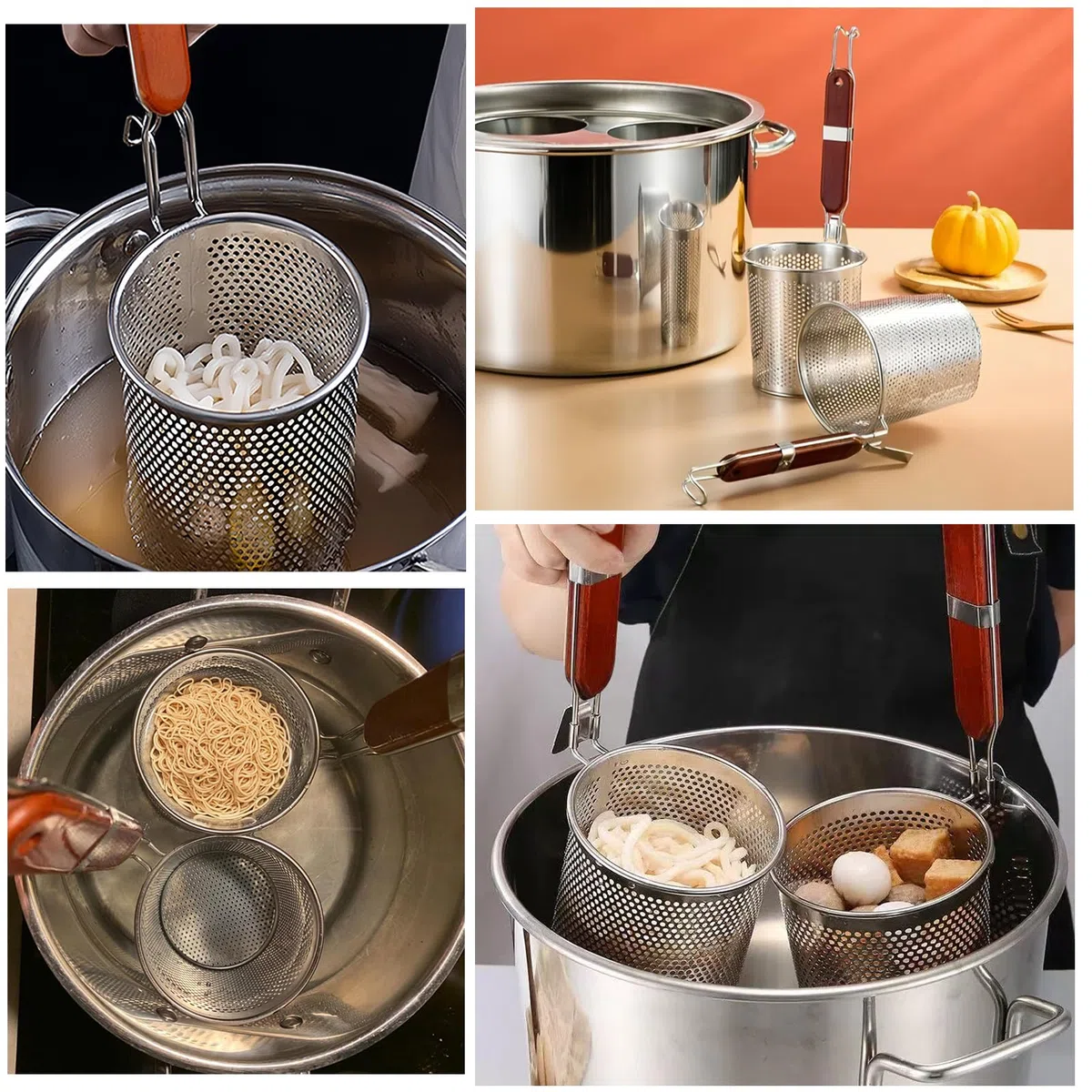 2 Stück Mikroperforiertes Edelstahl Nudelsieb, 12 cm Nudelkorb mit Holzgriff, Pasta Abseihlöffel, Tiefes Küchensieb für Knödel, Spaghetti, Obst, Knödel, Lebensmittel