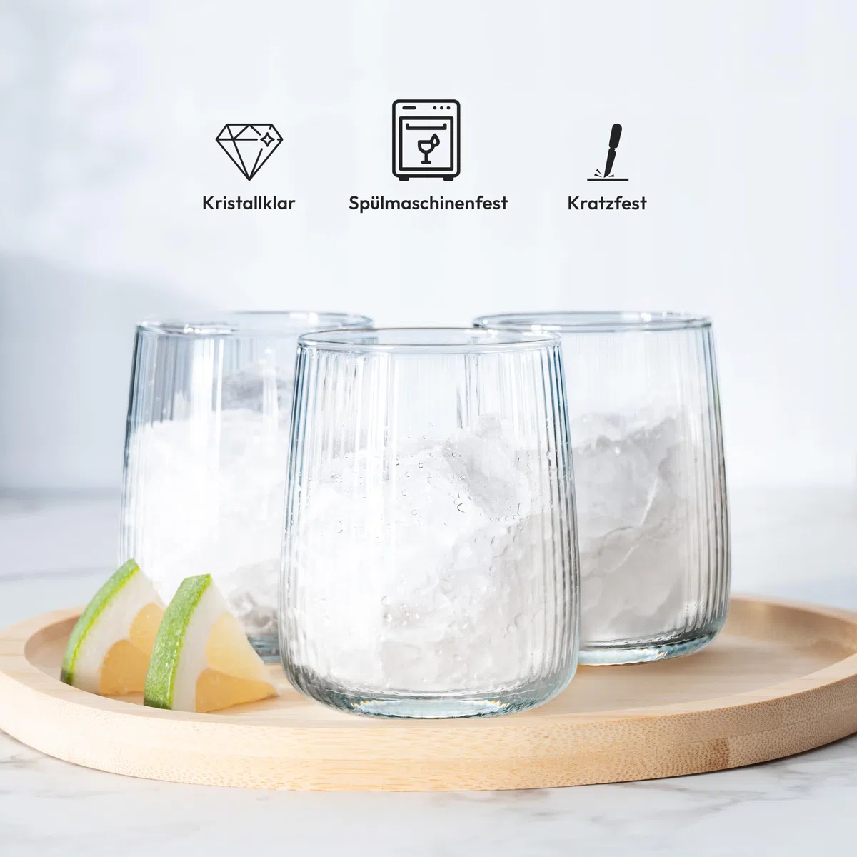 KONZEPT Geriffelte Gläser Set 6 teilig, Trinkgläser 320 ml, Wassergläser spülmaschinenfest