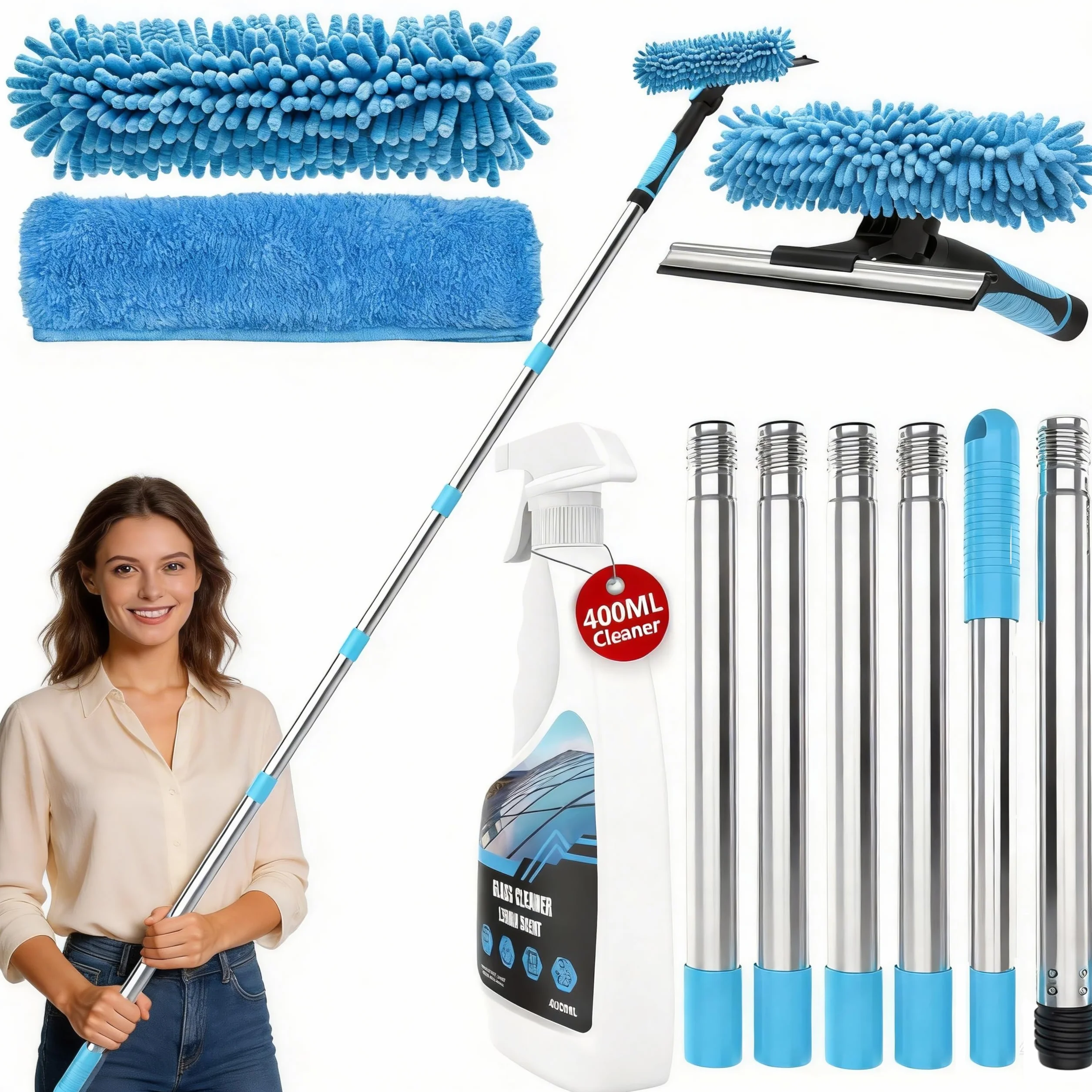 2M Fensterreiniger Set mit 400ml Glasreiniger, 2-in-1 Fensterreiniger & Fensterabzieher mit Teleskopstiel, Profi Fensterputzer Set Hocheffiziente Streifenfreie Reinigung für Fenster, Dusche, Spiegel