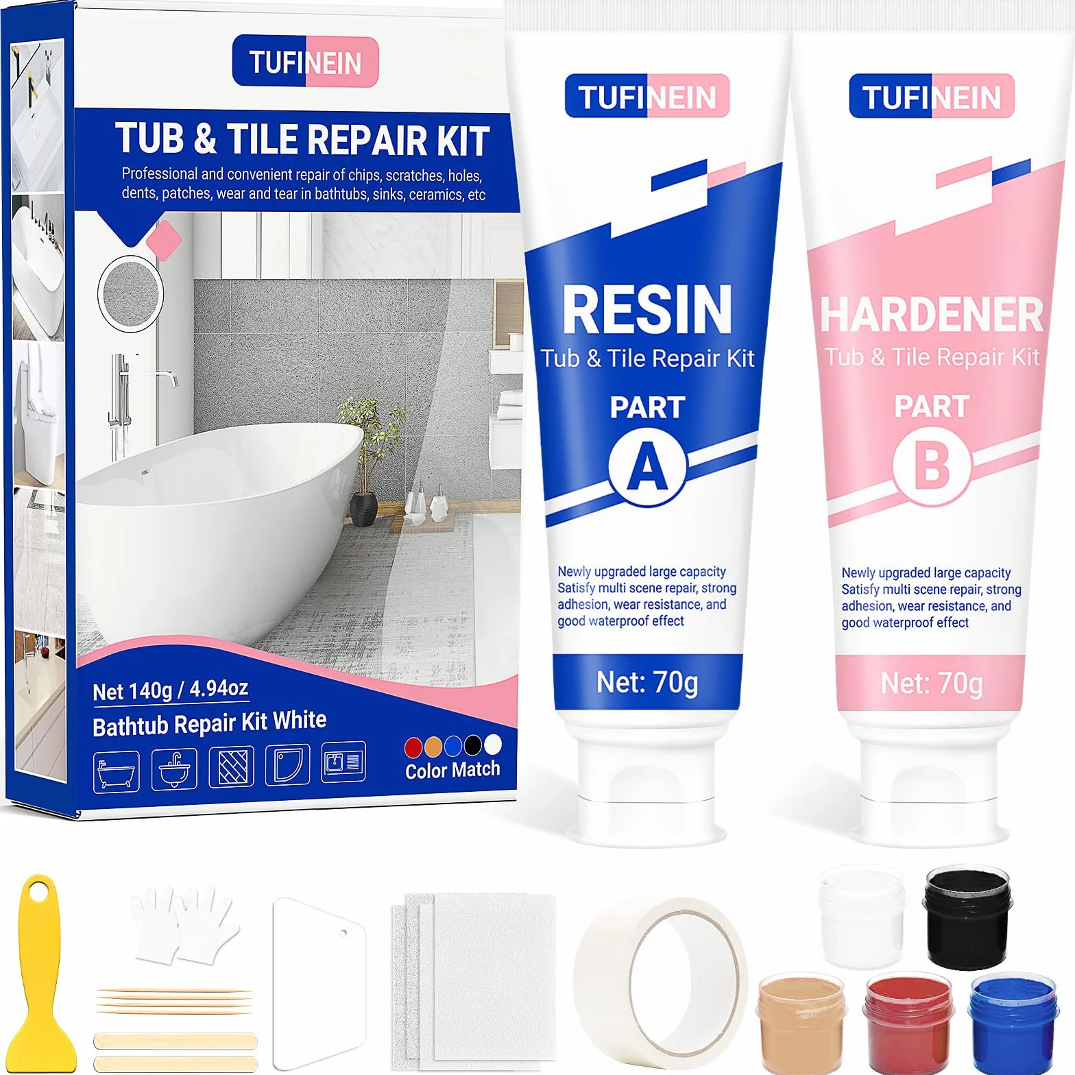 Badewannen Reparaturset Weiß 140g (Farbübereinstimmung), TUFINEIN Emaille Reparaturset für Porzellan, Keramik, Acryl, Reparatur von Rissen, Sprüngen und Löchern auf Fliesen/Waschbecken/Duschwanne