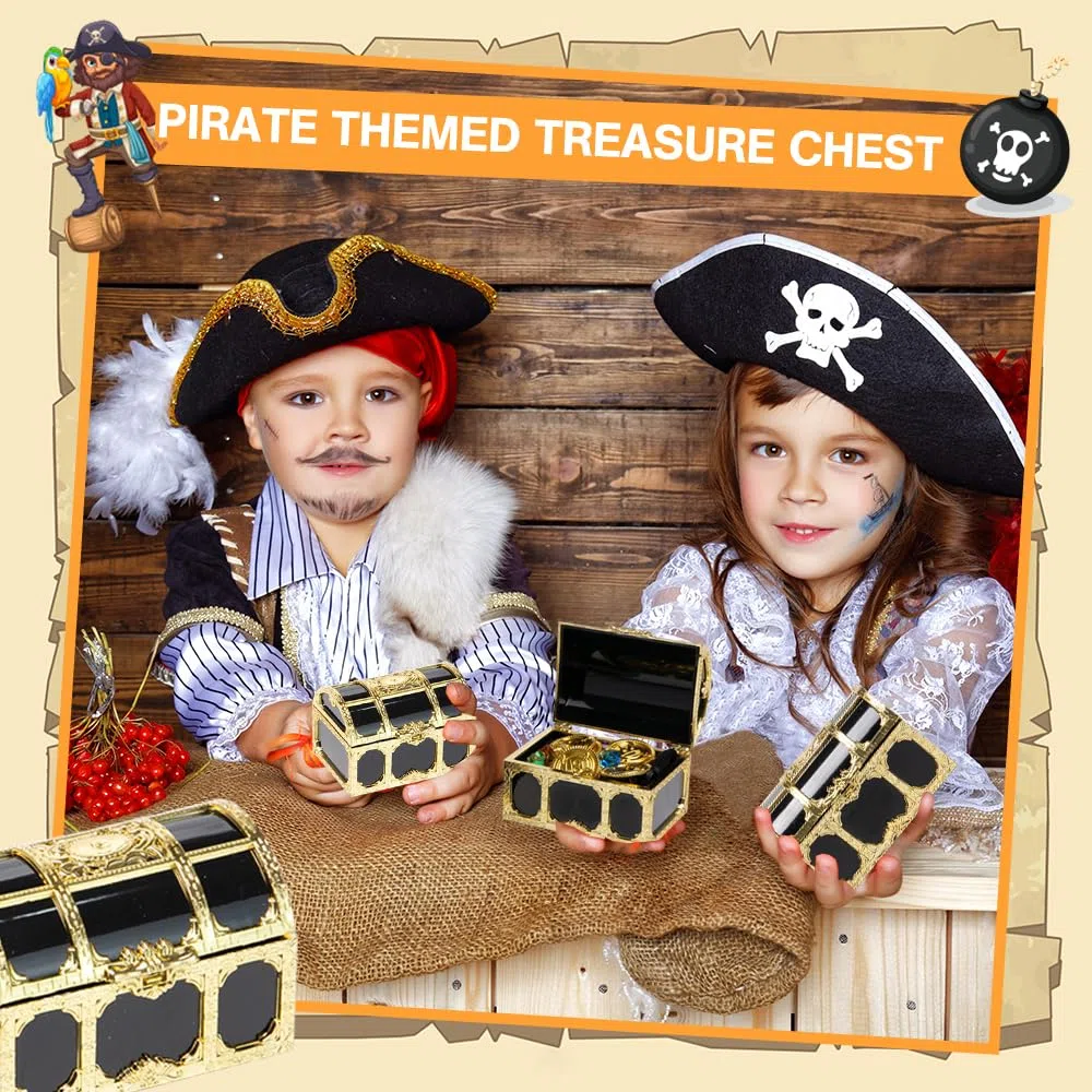 Klein Piraten Schatztruhe Set 12 Stück Mini Schatzkiste,12 Edelsteine für Kinder und 12 Goldmünzen Plastik für Süßigkeiten Spielzeug für Piraten Deko Schatztruhe Kindergeburtstag Piratenparty