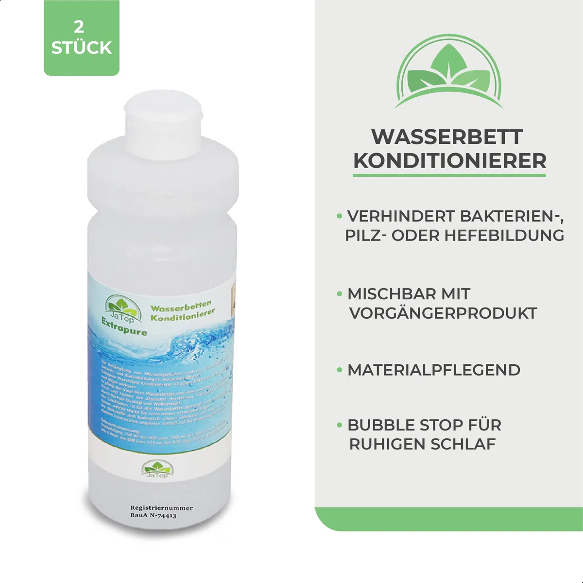 JaTop Wasserbett Conditionierer [2 x 500ml] - Für alle Wasserbetten geeignet - purer Wasserbetten Conditioner - inklusive Bubble Stop, Flüßig - Made in Germany (1Liter (2 Flaschen a 500ml))