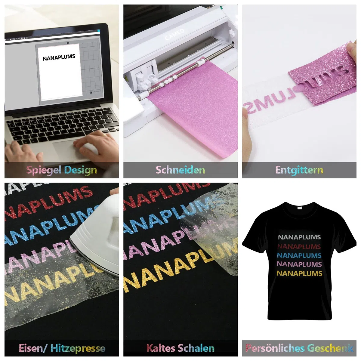 NANAPLUMS Glitzer Plotterfolie Textil - Heat Transfer Vinyl 30.5 cm*25.4 cm Transferfolie Plotter Flexfolie für Textilien Transferfolie zum Aufbügeln für DIY T-Shirt, Stoffe(10 Farben Glitzer)