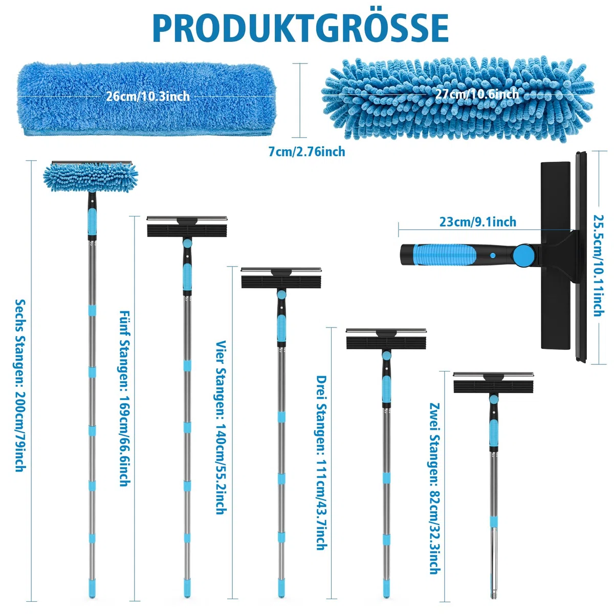 2M Fensterreiniger Set mit 400ml Glasreiniger, 2-in-1 Fensterreiniger & Fensterabzieher mit Teleskopstiel, Profi Fensterputzer Set Hocheffiziente Streifenfreie Reinigung für Fenster, Dusche, Spiegel