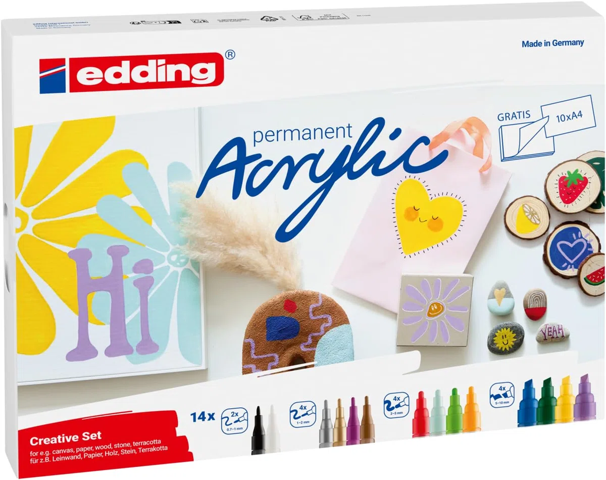 edding Acrylic Creative Basic Set – 14 wasserfeste Acrylmarker – verschiedene Spitzen für feine Details und breite Striche – Acrylstifte zum Malen auf Leinwand, Papier, Holz, Stein, Terracotta