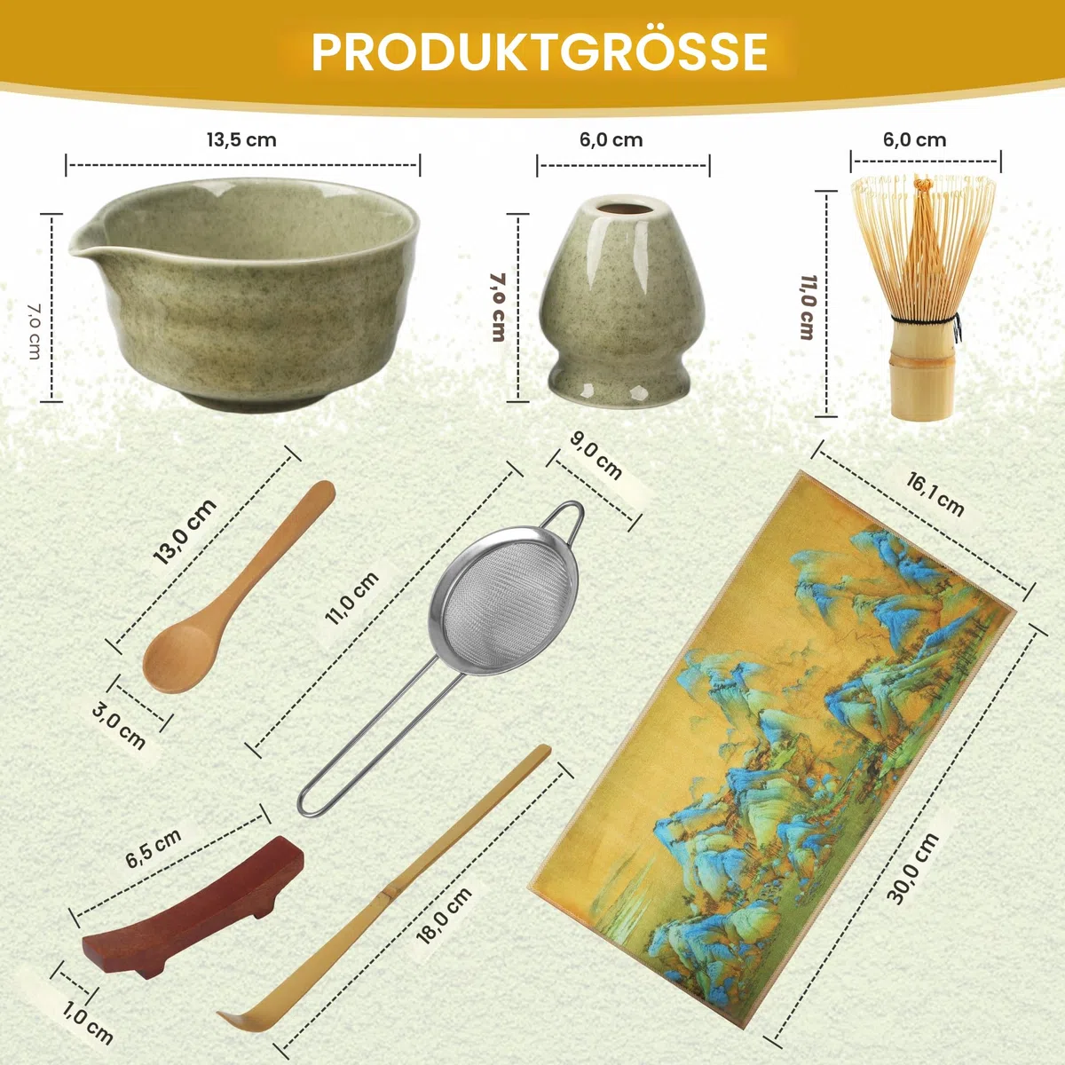 Matcha-Set,8 Piece Matcha Besen Set,Matcha Schale mit Auslauf Japanisches Matcha Tea Set Matcha Besenhalter, Sieb, Schaufel, Tea Set,Teetuchunterlage,Für Teeliebhaber Anfänger