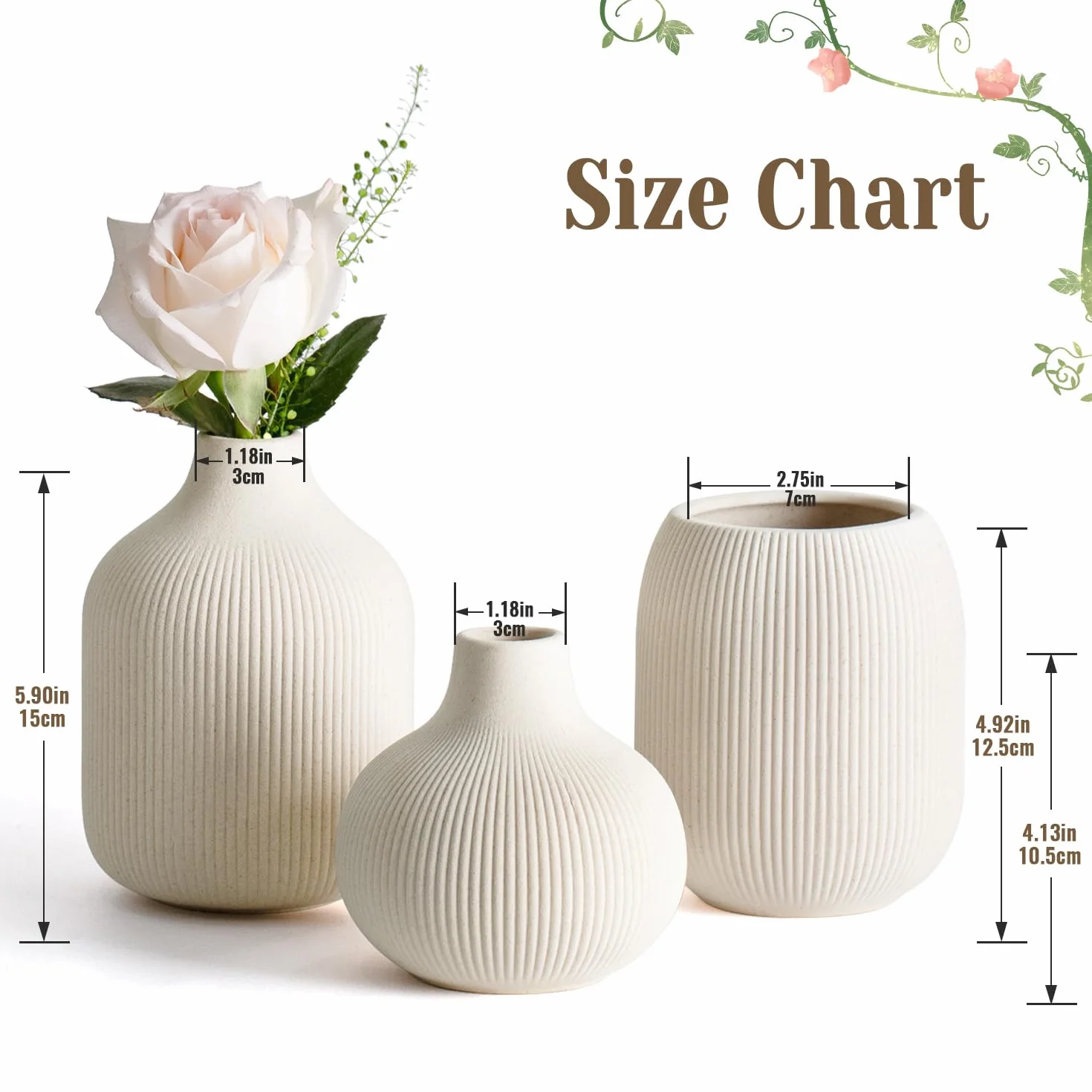 Dnnnii Kleines Keramikvasen-Set 3-TLG Beige - Minimalistische Vasen mit Rillendesign, kompakte Übergangsdekoration für Wohnzimmer, Schlafzimmer, Büro (3-TLG Beige Keramikset)