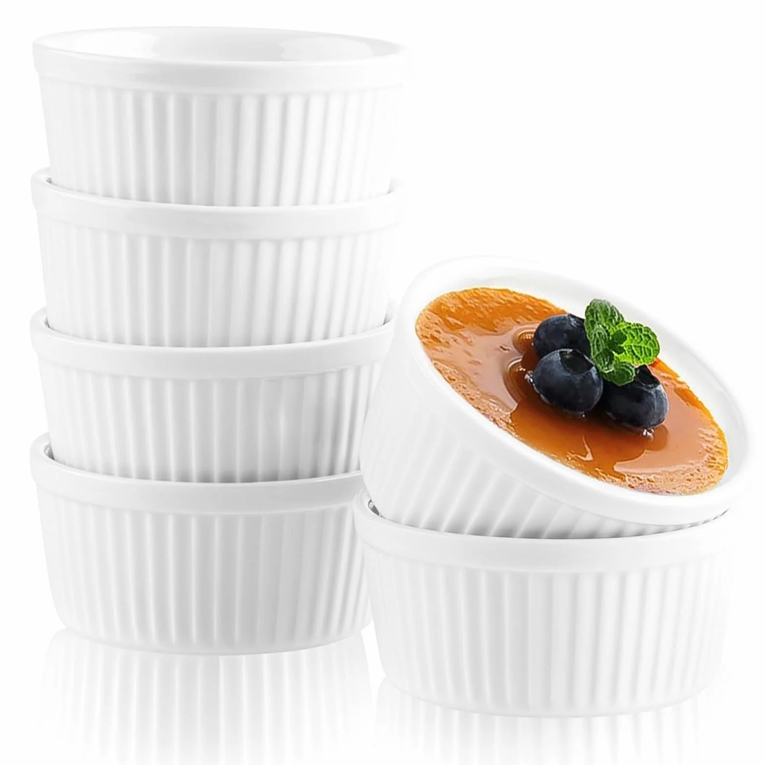 Woobroo Creme Brûlée Schalen, 6er Set, 9 cm - 200 ml Souffleformen, ofenfest, Souffleformen, Crème Brûlée Schalen, Keramikförmchen, ofenfeste Förmchen, weiß