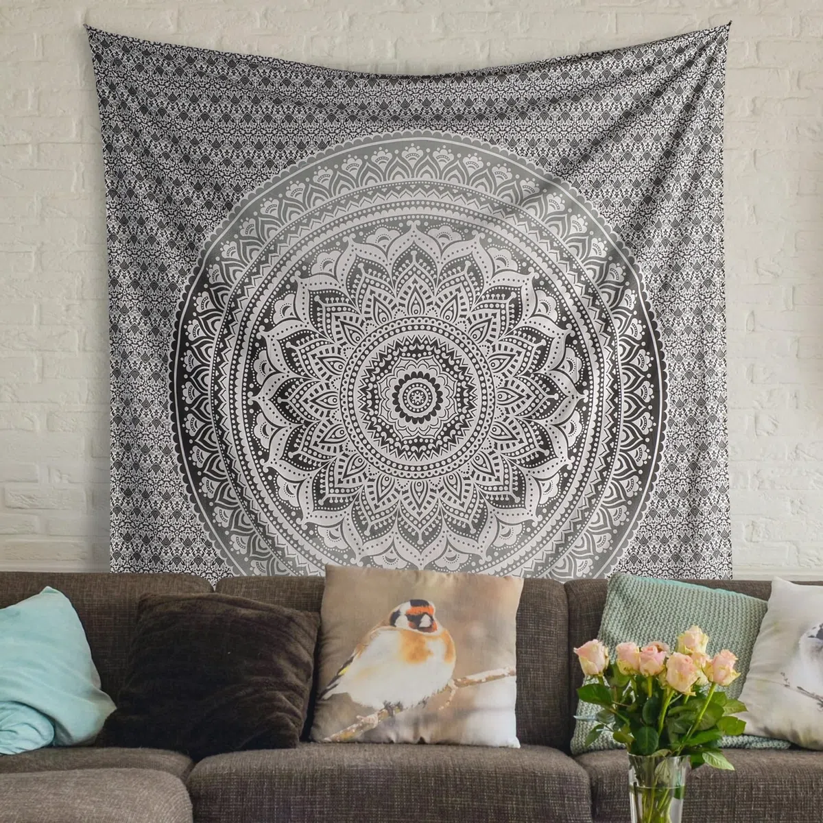THE ART BOX Indie Wandteppich Baumwolle Mandala Wandbehang Deko Teppich Aesthetic Room Decor Dekoration Wandtuch/Strandtuch Wohnzimmer Indische Tücher Schlafzimmer, Grau und Weiß, 135x210 Cm