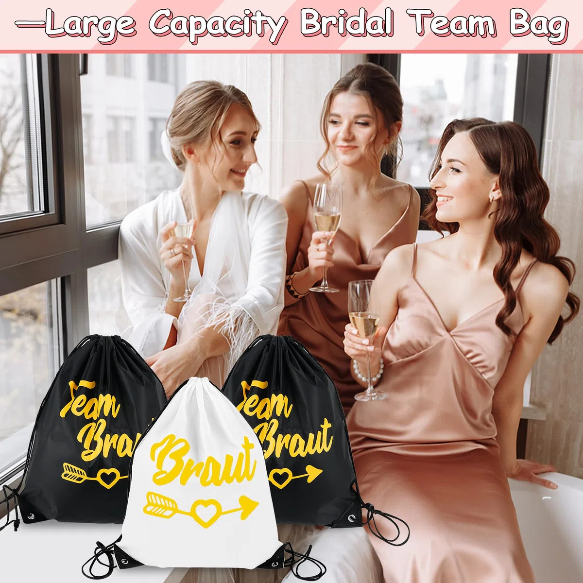 8PCS Turnbeutel Team Braut GA Beutel Set,Turnbeutel Team Braut mit Kordelzug für Brauts Party Geschenke Hochzeit,42x43cm,JGA Junggesellenabschied Frauen Turnbeutels Damen,Teams Brauts rucksack Set