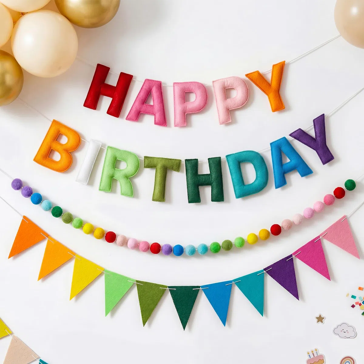OLANRUN Geburtstagsdeko, Mit Happy Birthday Felt Girlande Sign, Wimpelkette Geburtstag, Pompon Girlande, Wiederverwendbares Regenbogen Happy Birthday Party Deko Banner Für Mädchen Junge Frauen Mann