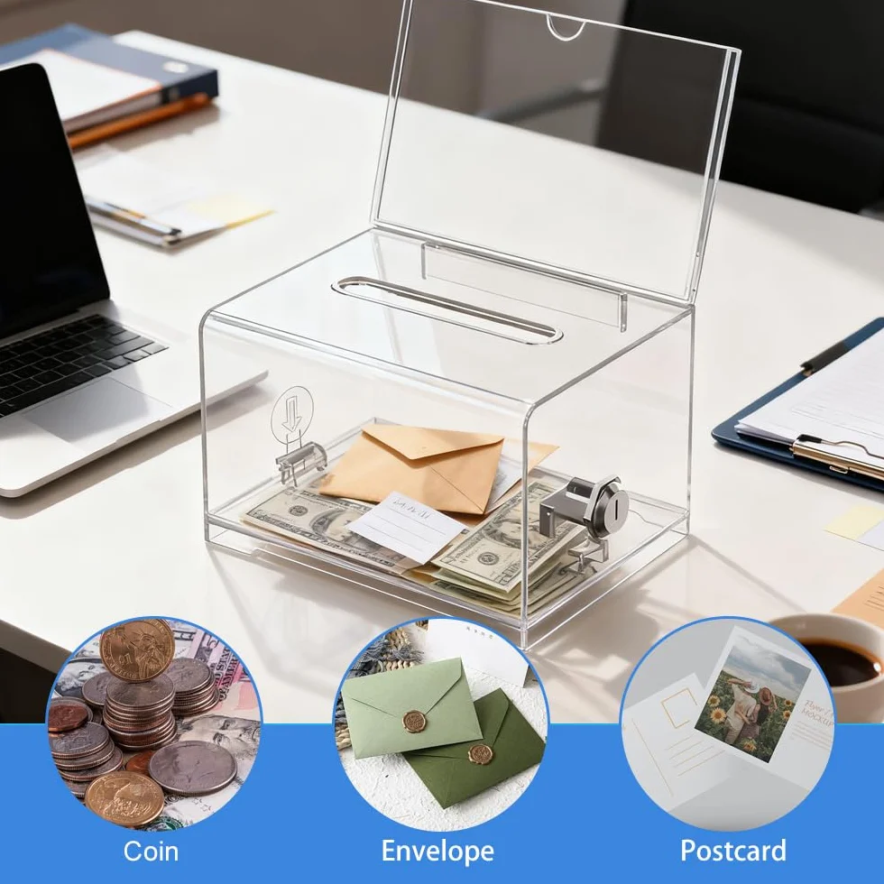 2 Stück Acrylspendenbox, Spardose Mit Schlüssel, Spendenbox Abschließbar, 16 * 12 * 10cm Wahlurne Transparent, Spardose Transparent, Gewinnspiele, Wettbewerbe, Visitenkarten