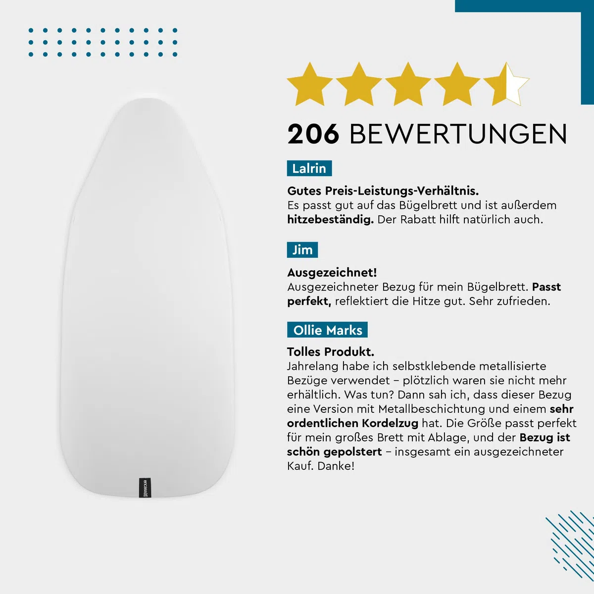 Encasa XO Reflektierender Metallisierte Silikon bügelbrettbezug, 112x34 cm Zoll Mit Dickem Schaumstoff Und Filzauflage, Beständig Gegen Anbrennen Und Flecken, Verkürzt Die Bügelzei