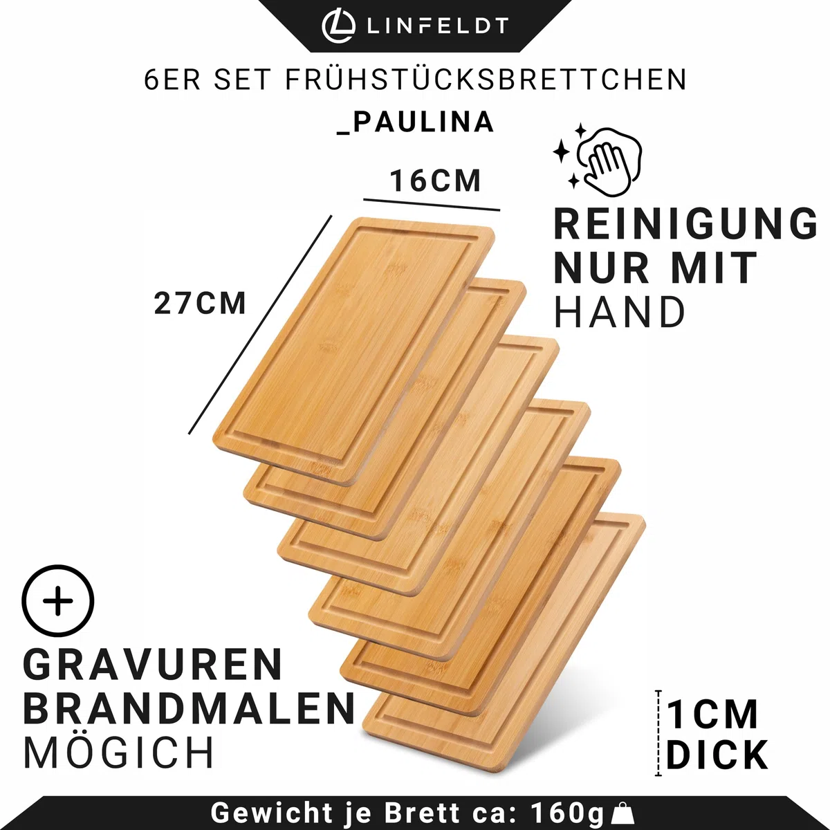 LINFELDT 6er Set Bambus Frühstücksbrettchen Holz 27x16x1cm - Inkl. Saftrille - 6 Holzbretter + eine glatte Seite - Kleine Holzbrettchen - 6 Essbretter aus Bambus