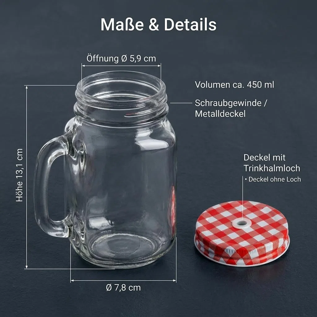 gouveo 6er Set Trinkglas 450 ml (0,45 l) mit Henkel und Schraubdeckel silberfarben + rot – Henkelglas mit Mehrweg-Trinkhalm aus Hartkunststoff für Garten, Bowle, Cocktails (TGH450SR)