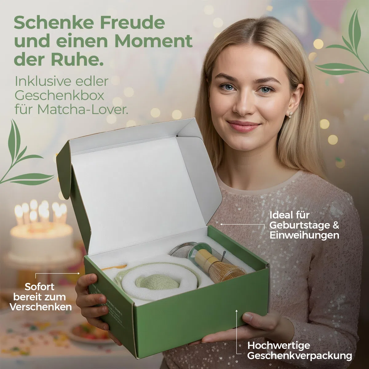comforder Matcha Set mit Besen – Komplett mit Matchaschale mit Ausgießer, Chasen, Halter, Löffel und Edelstahlsieb, 500 ml Schale in Geschenkdose, 5-teilig, Grün