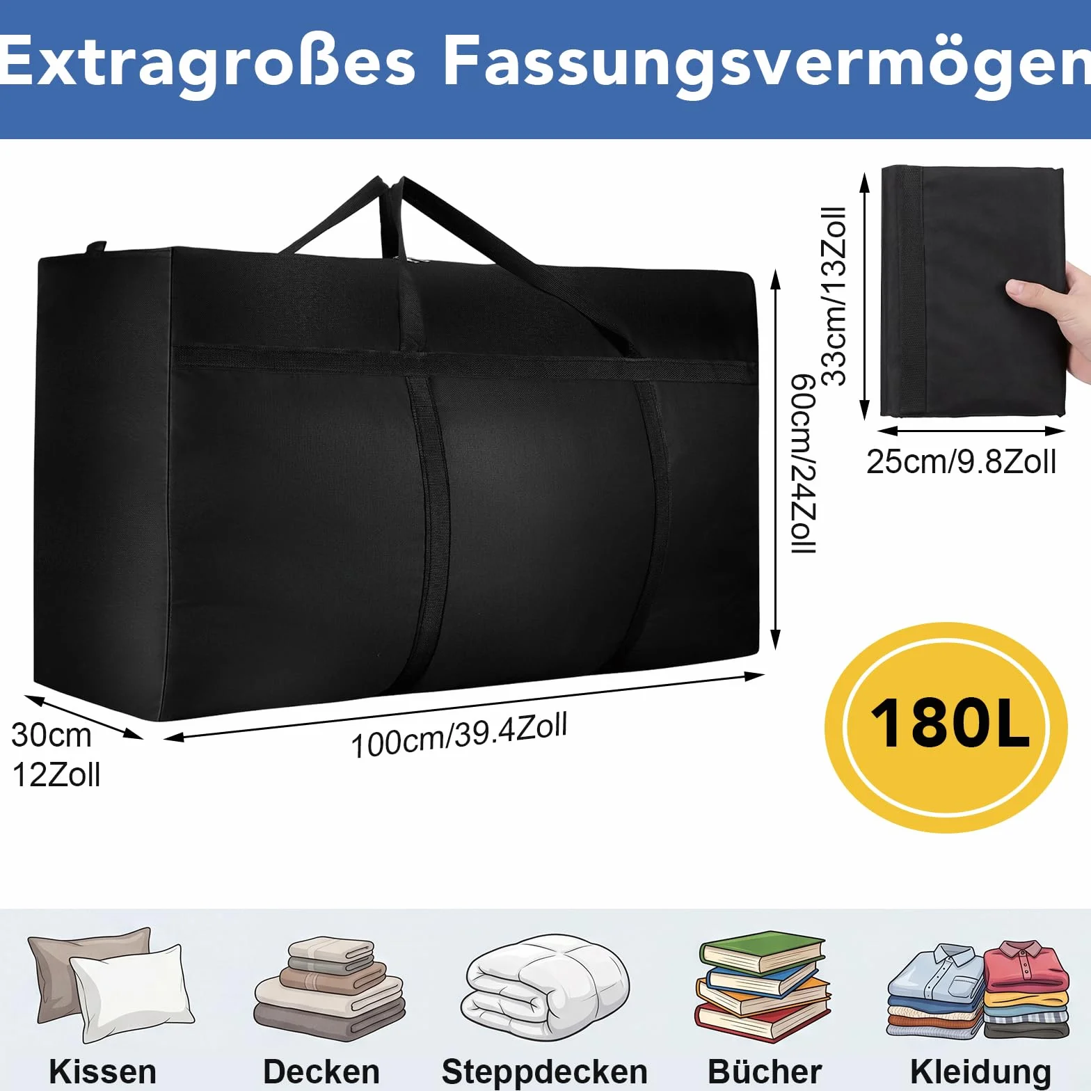 Dntorx 2 Stück 180L Extra Große Aufbewahrungstasche, Oxford Heavy-Duty Umzugstaschen mit Reißverschlüssen Handgriff, Wasserdichte Tragetasche für Umzug Bettdecken Kleidung Bettwäsche Aufbewahrung