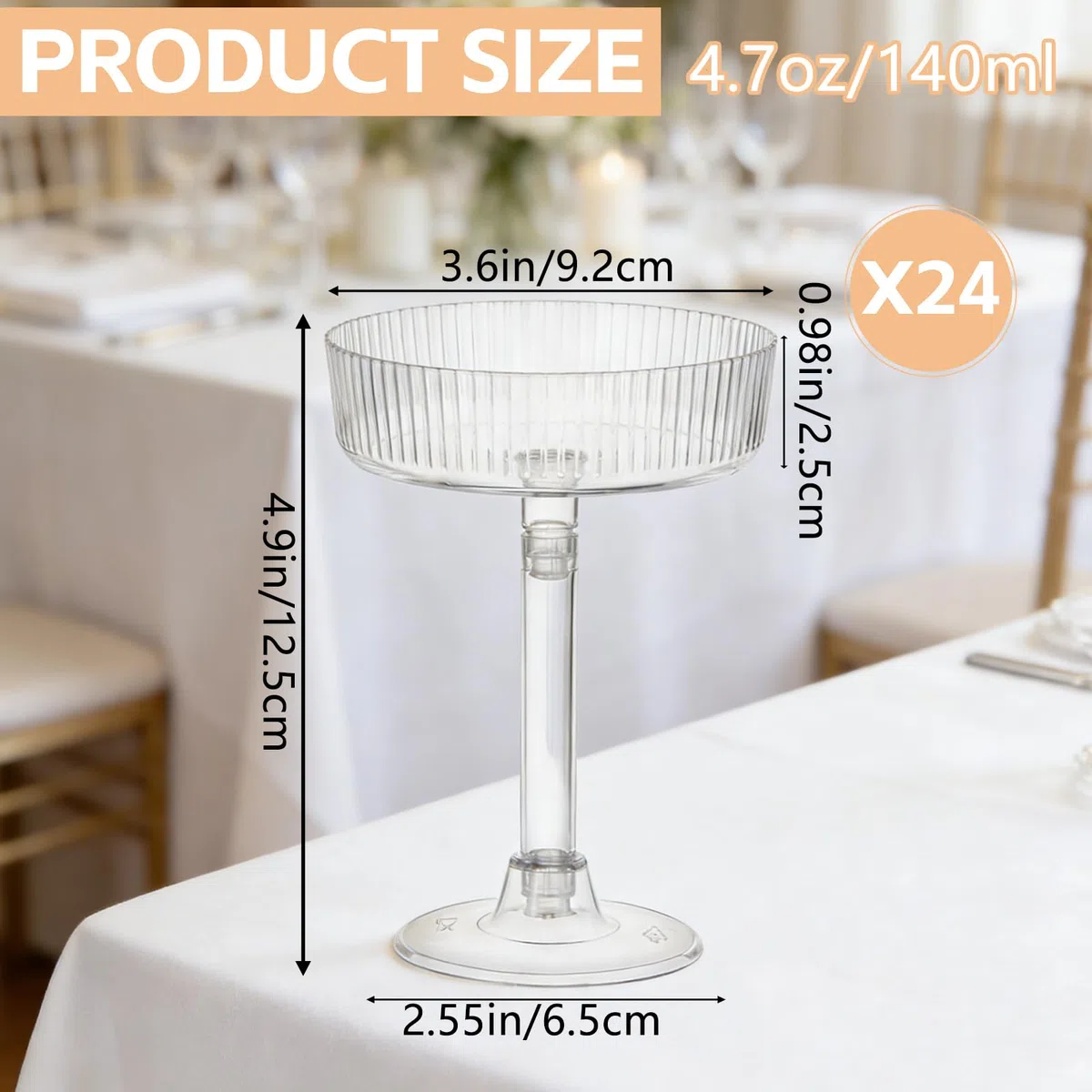 Rainmae Plastik Cocktailgläse, 24 Stück Margaritagläser Kunststoff, 140ml Mehrweg Plastikbecher - Margarita Gläser für Sektempfang Hochzeit Geburtstag Picknick Party Größen Transparent