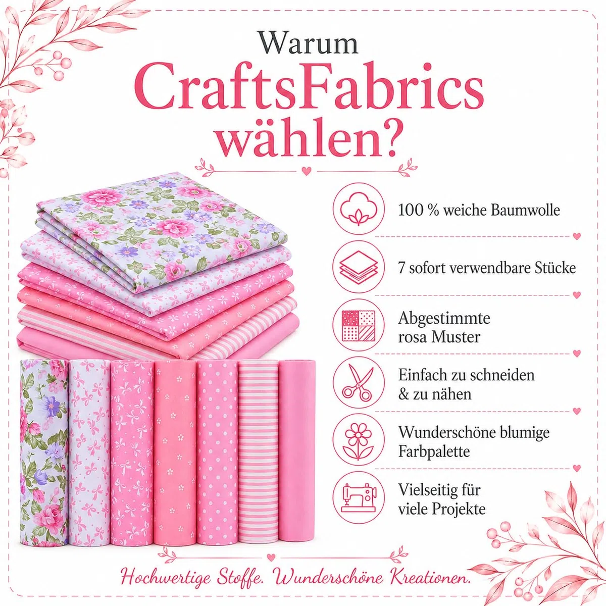 Patchwork Stoffe Paket – 7 Stück 40×50 cm – 100% Baumwolle Stoffe – Fat Quarter Stoffpaket Rosa Punkte & Blumen – Baumwollstoff für Nähen, Quilten, Patchwork, Basteln, DIY Projekte