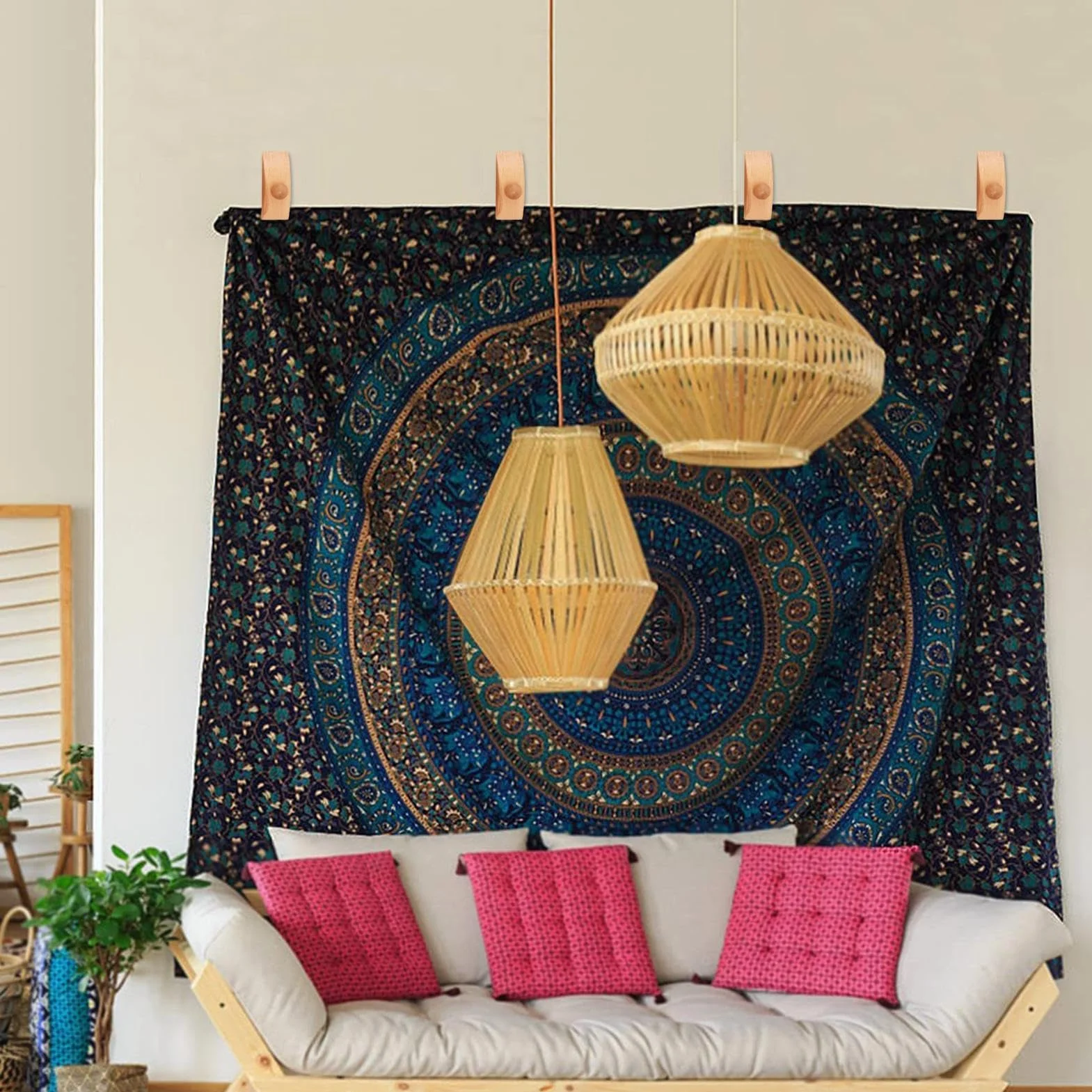 Teppichaufhänger – Wandhalterung, Stoff-Display, 4 Stück -Stepp-Clips | Naturholz-Aufhängung mit Metallgewindeknöpfen, Wandaufhänger für Wandteppiche, Teppiche, Handwerk und Dekorationen