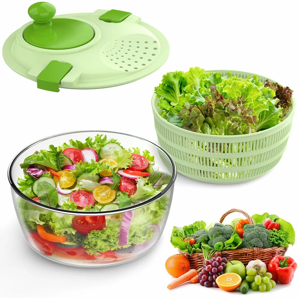 Salatschleuder mit Deckel, Hochwertige Kunststoff, BPA-frei, Salatschleudern mit Kurbelantrieb und 4,5L Salatschüssel und Masche, Wäscht und trocknet Salat, Gemüse und Obst