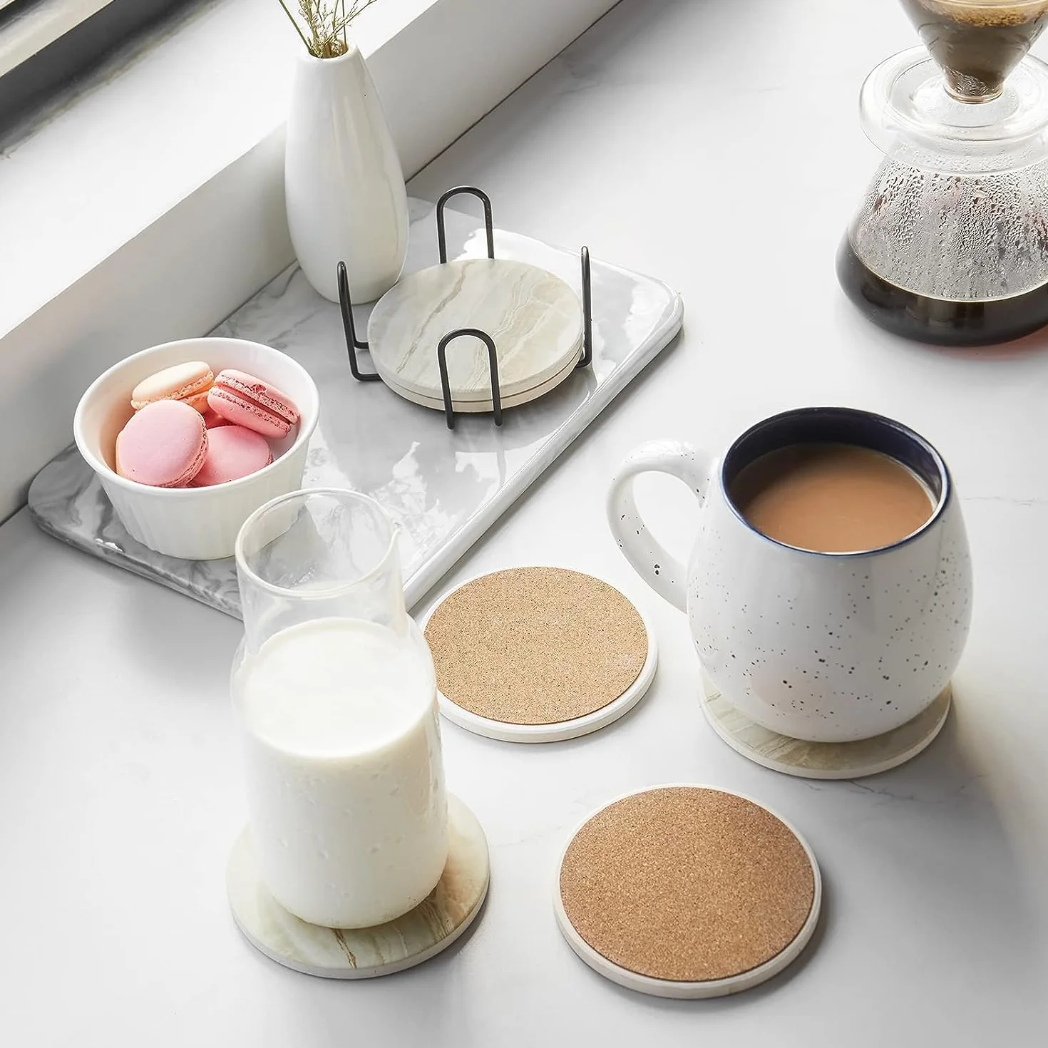 LIFVER Marmor Glas Untersetzer-Set 6er, Absorbierend Mit Korkboden Und Halter, Für Getränke in Bars, Cafés, Haus, Party, Büro, Geschenke Für Mama Papa