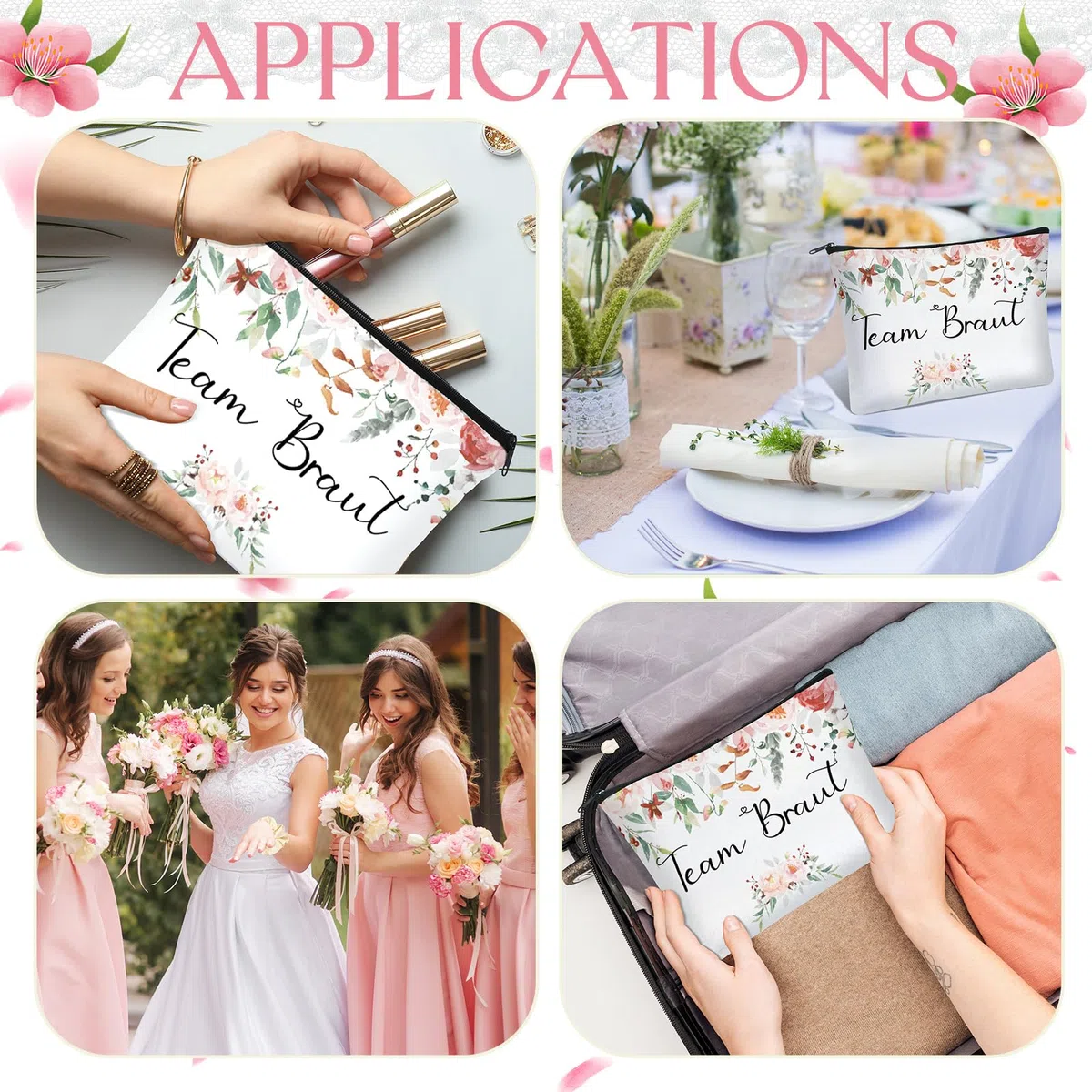 9 Sets Braut Geschenke JGA Party Zubehör Satin Braut Haargummis Team Braut Make up Tasche Geschenk zur Brautparty Junggesellenabschied Tasche Dekoration für Hochzeit Verlobung (Rosa)