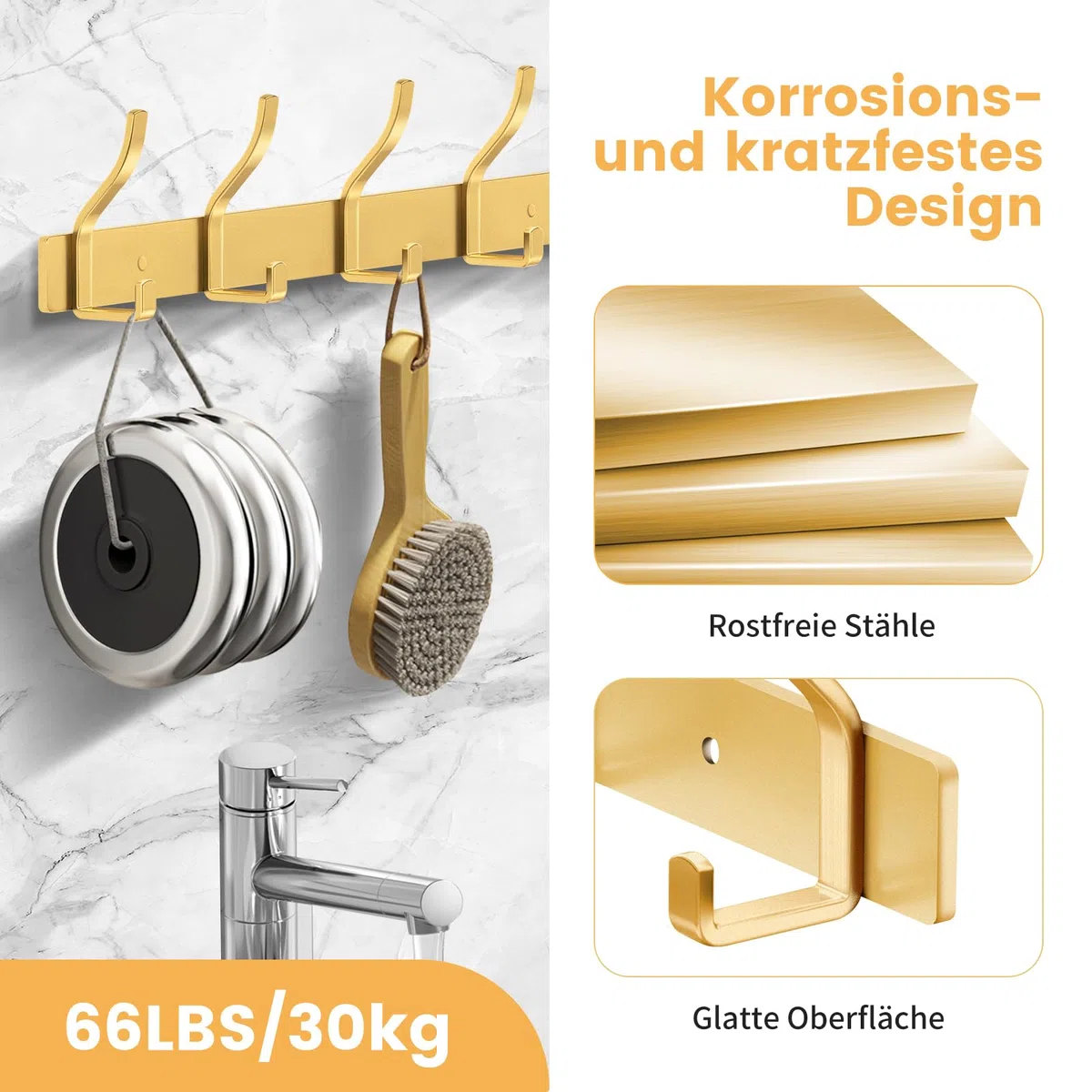 Garderobenhaken Edelstahl Garderobenleiste Gold Hakenleiste Garderobe Kleiderhaken Wand mit 6 Haken Wandhaken garderobe für Schlafzimmer Bad Küche Kleiderständer (Gold)