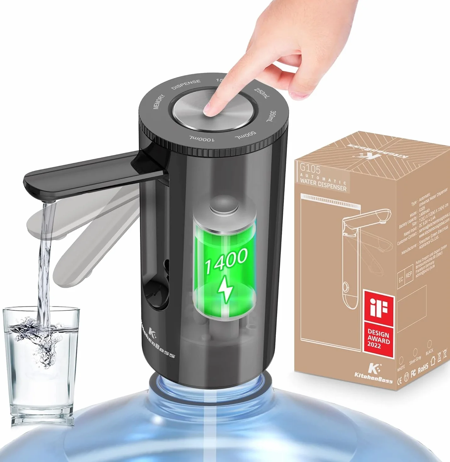 KitchenBoss Wasserflaschen Pumpe Flaschen Wasserspender: USB-Ladung Elektrischer Wasserspender 1-5 Gallonen Wasserspenderpumpe