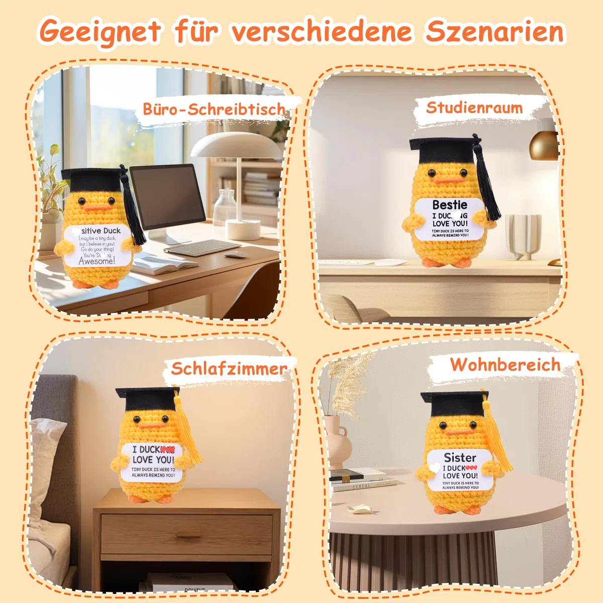 Mwmoeen Pocket Hug Positive Ente Doktorhut Studentenhut, Positive Duck Strickwolle Ente Bachelor Hut, Emotionale Unterstützung Enten Geschenke Absolvent Party-Dekoration Geschenke für Absolventen