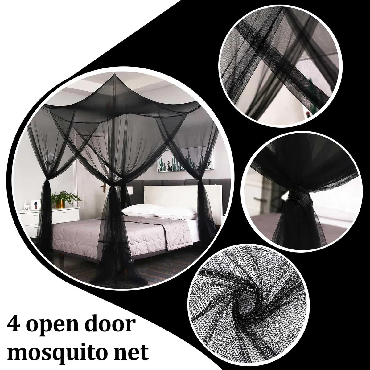 Betthimmel,Hängendes Moskitonetz Bett,Screen Netting Himmelbett Vorhänge,Insektenschutz Mosquito Netz Bett,4 Einträge Quadratische Canopy Bed Curtains,Moskitonetz Schwarz für Freien Drinnen
