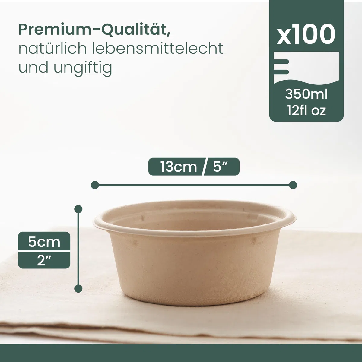 HAAGO 100 Extra Stabile Suppenschalen aus Zuckerrohr (Bagasse), 350ml / 12oz – Fett- & Auslaufsichere Pappschüsseln – Kompostierbar & Biologisch Abbaubar – Einwegschalen für Suppe, Curry, Dessert