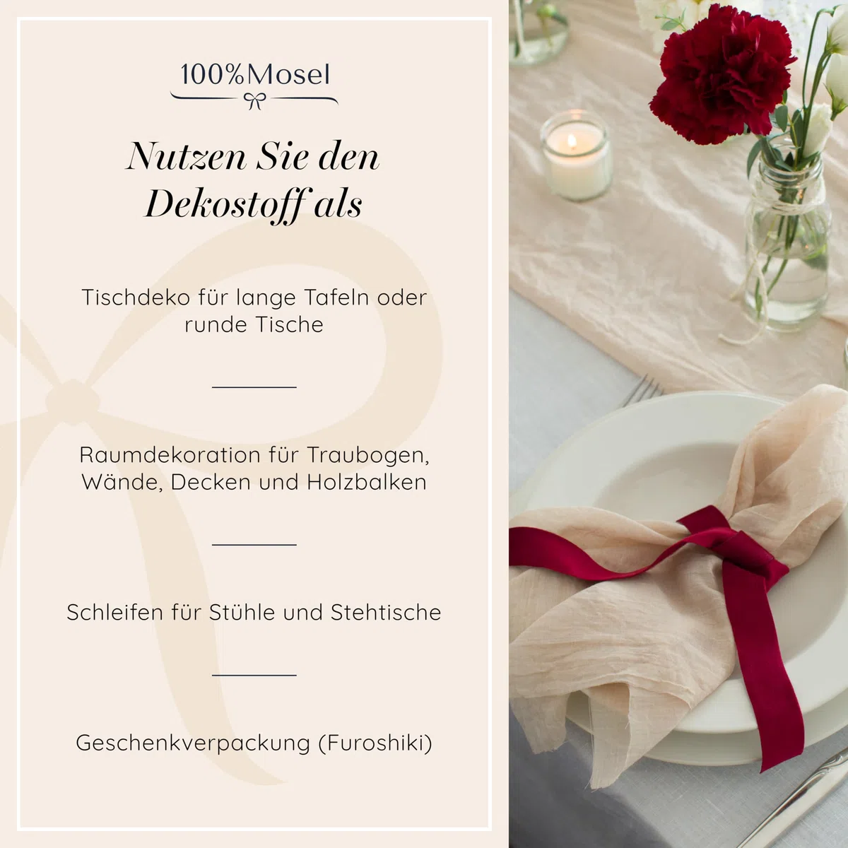 100%Mosel Musselin Dekostoff, in Natural Beige (48 cm x 5 m), 66 g/m², sehr dünner Tischläufer, zarte Tischdeko für Geburtstage & Hochzeiten, Tischband als Bunte Dekoration zu besonderen Anlässen