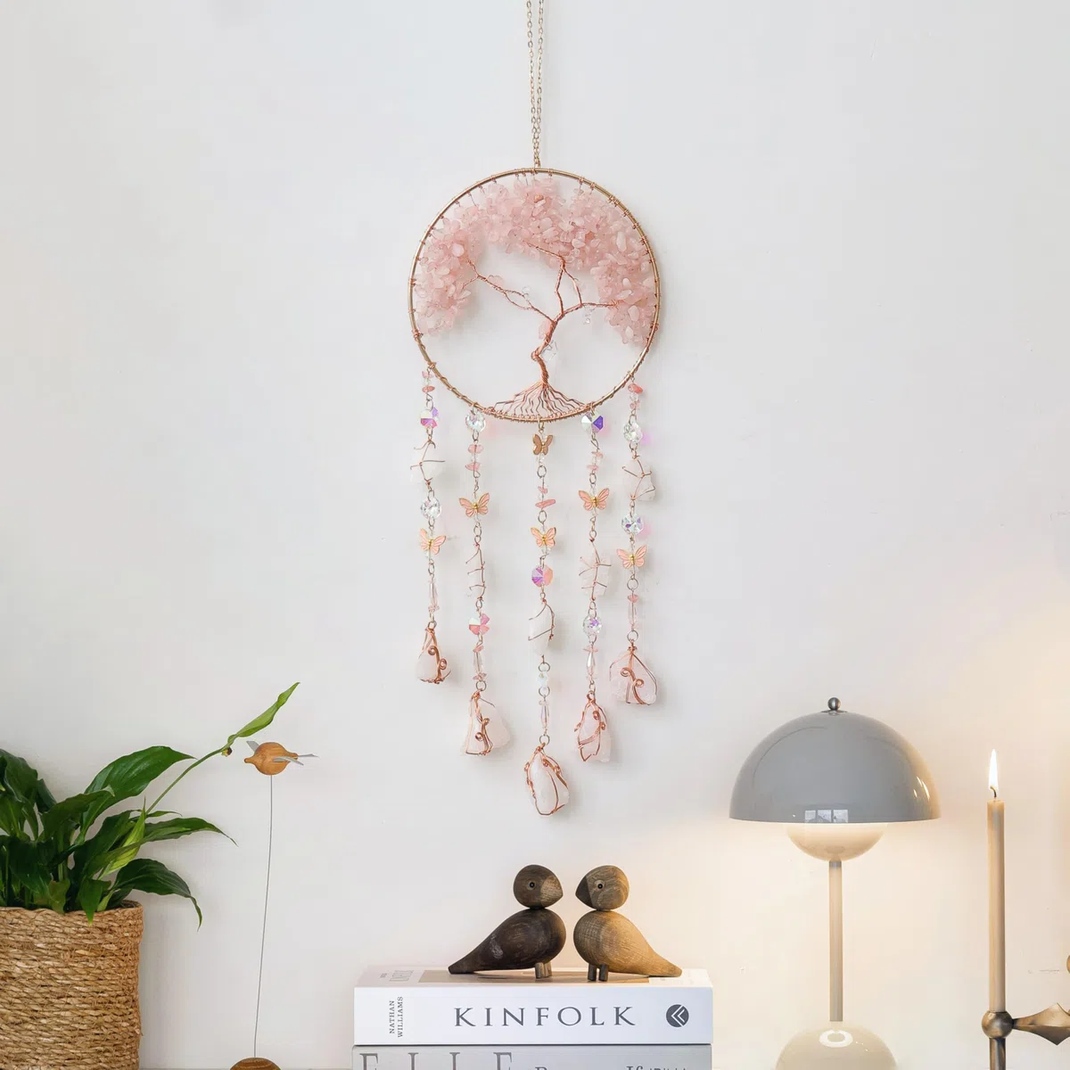 Traumfänger Craft Ornament mit Kristall Achat Farbe Natürlicher Edelstein Achat Wandhänge Zimmer Garten Xmas Hochzeit Dekor (Pink Qingcheng)