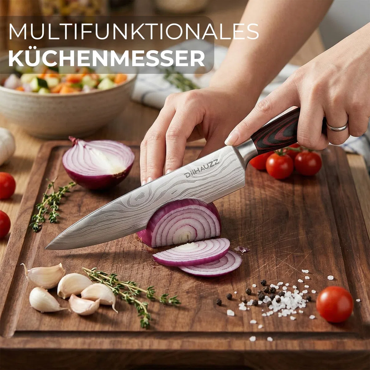 DiiHAUZZ Kochmesser, 20 cm Klingenlänge Fleischmesser, Ultrascharfes Küchenmesser, Messer aus 5Cr15MoV Edelstahl, Allzweckmesser mit Ergonomischem Pakkaholz Griff, für Zuhause, Restaurant