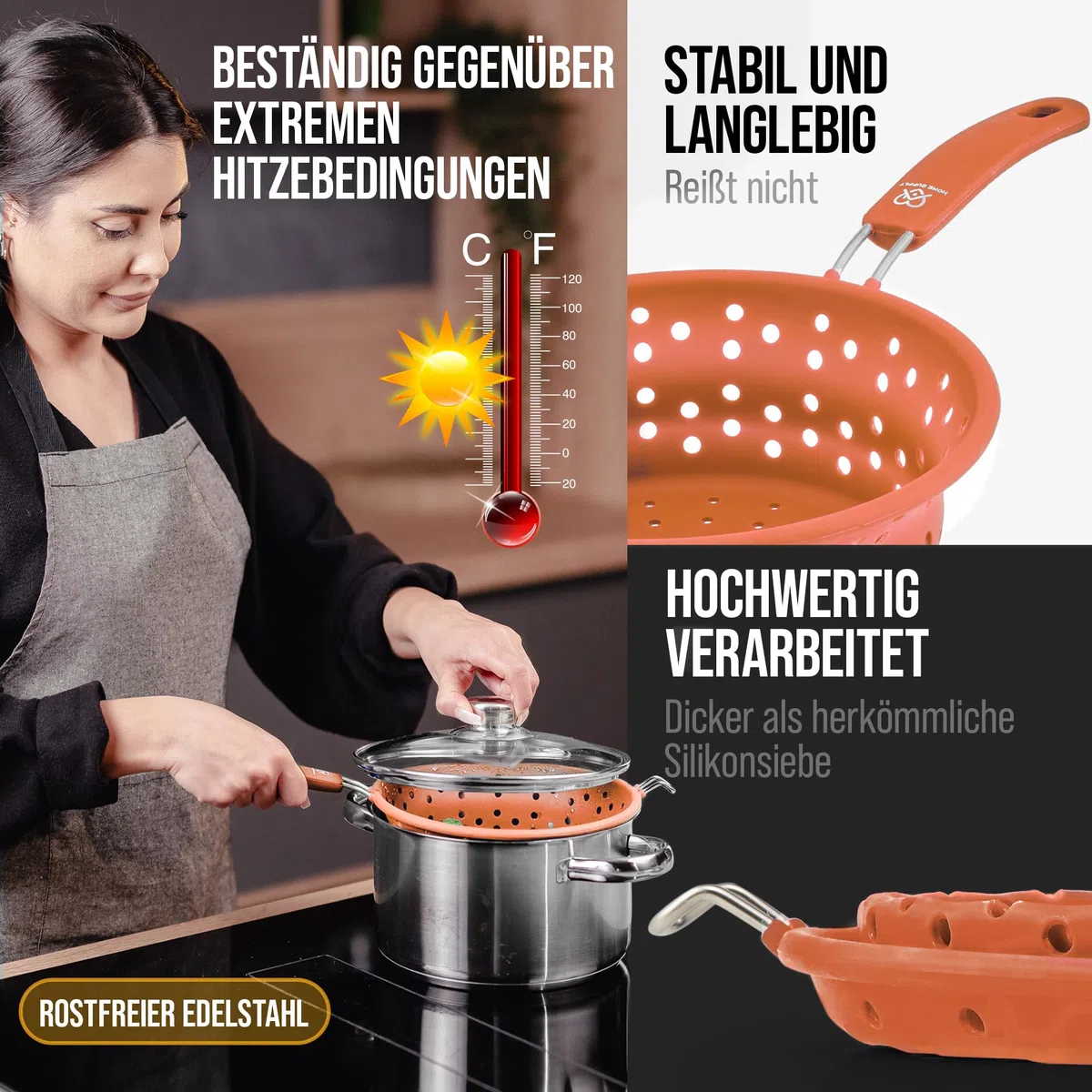 3-in-1 Faltbares Sieb aus Silikon und rostfreiem Edelstahl, Küchensieb, Nudelsieb, Dampfgar Einsatz, Abtropfsieb, platzsparend, multifunktional, geschirrspülfest, 21cm Lachsrosa